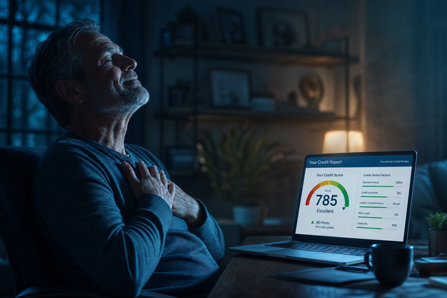 Relieved man seeing the collection entry deleted from his online credit report