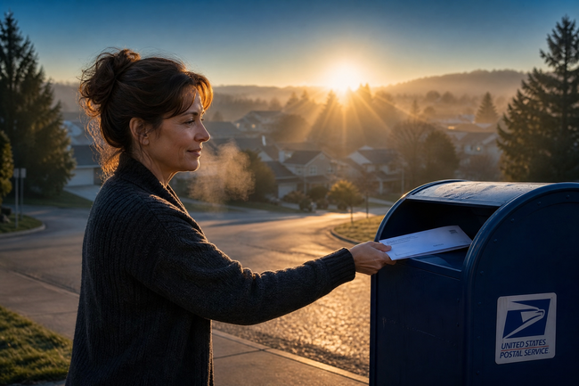Hopeful woman mailing her pay for delete letter at a mailbox at sunrise