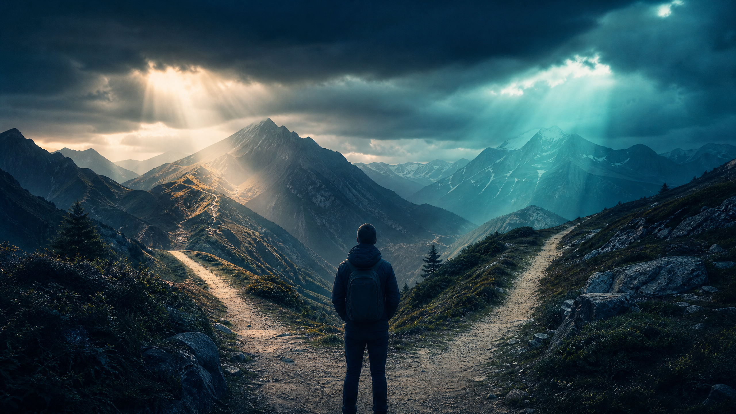 A person at a crossroads choosing between the debt snowball vs debt avalanche methods to break free from financial burden