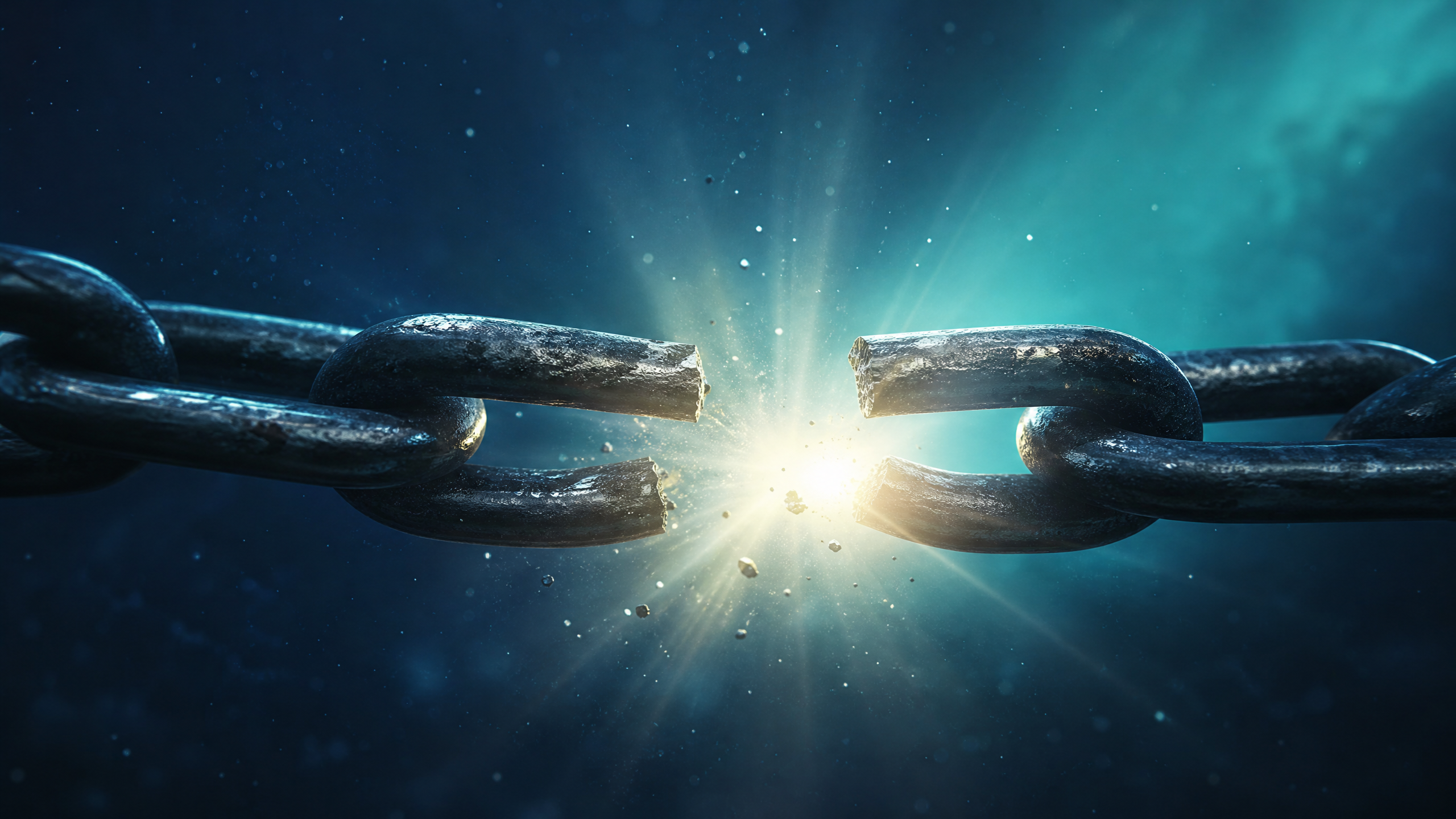 Broken chain with light streaming through, symbolizing debt freedom achieved with the debt snowball or debt avalanche method
