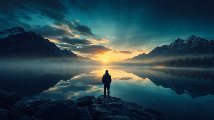 man staring into the sunset overlooking the lake