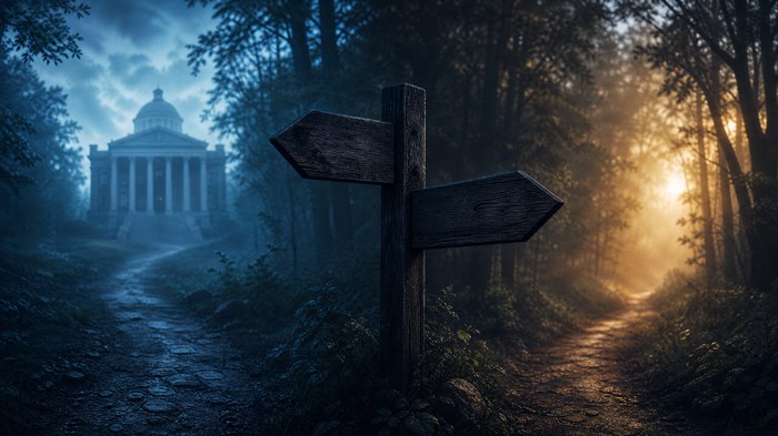 crossroads sign pointing a path to court or a path to settlement