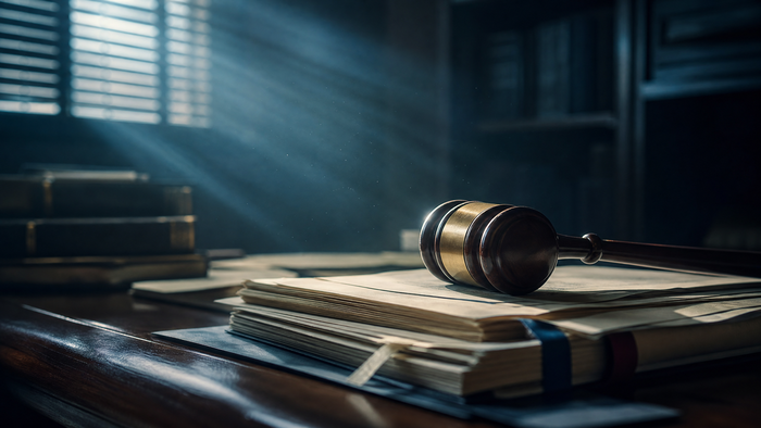 Judge's gavel on legal documents representing the court
judgment debt collectors need before taking money from a bank
account