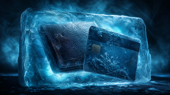 Bank card and wallet frozen in ice representing a bank account frozen by a debt collector levy