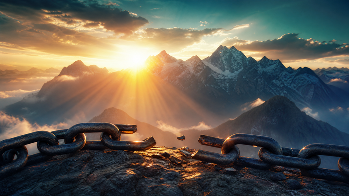 Sunrise over mountains with broken chains representing
financial freedom after protecting your bank account from debt
collectors