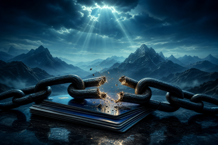 Broken chain wrapped around credit cards showing real credit card debt forgiveness
