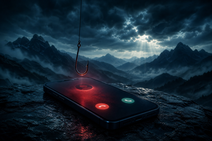 Smartphone with baited hook representing a credit card debt forgiveness scam call