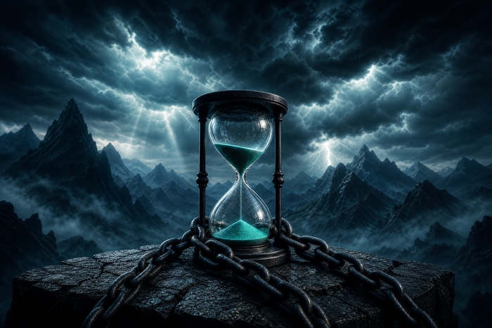 Chained hourglass in a storm showing the cost of ignoring credit card debt