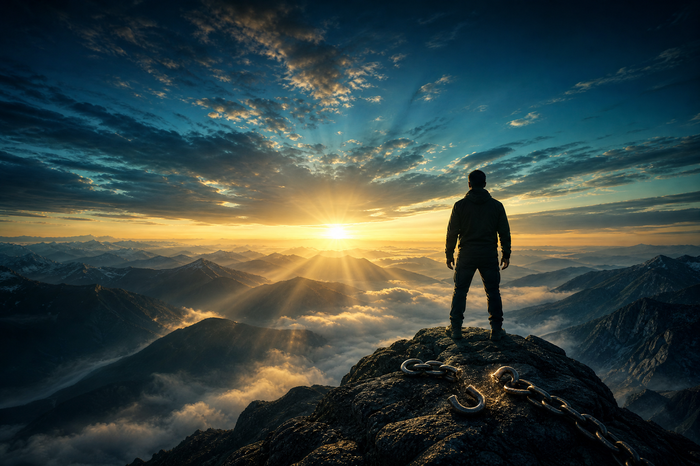 Person on summit at sunrise with broken chain after achieving debt forgiveness