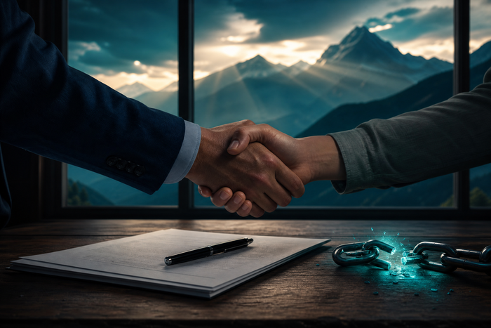 Handshake over a settlement agreement after being sued for a
credit card balance, with broken chain symbolizing debt resolution