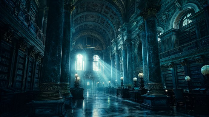 light shining in the windows of a grand library