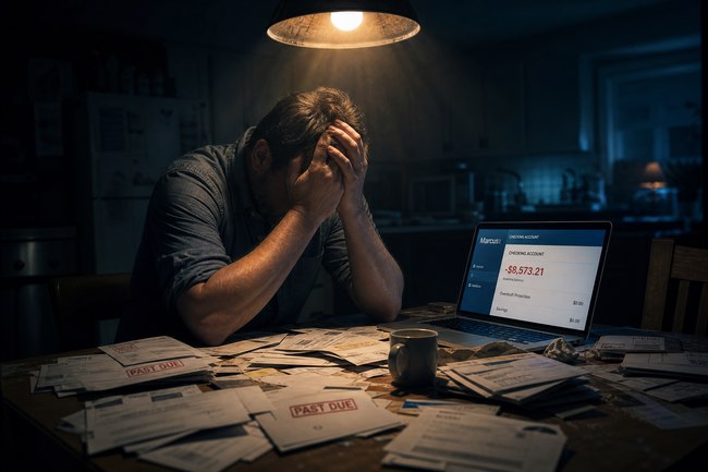 Man overwhelmed by debt sitting at kitchen table surrounded by past due bills deciding between debt snowball vs debt avalanche
