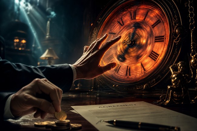 Hand reaching toward a spinning clock with an agreement document and coins below.