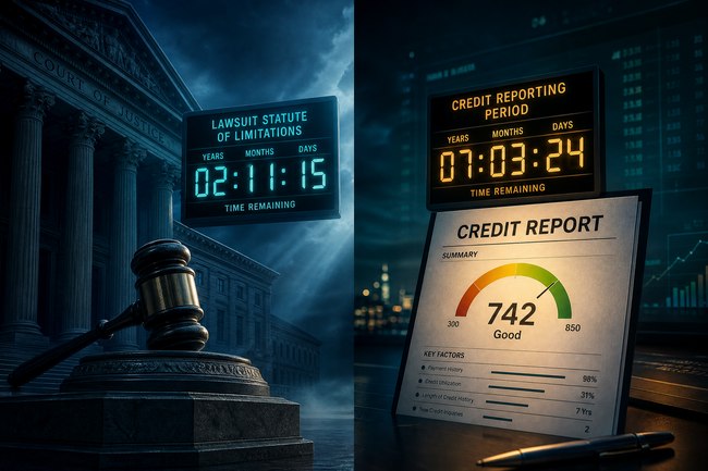Split-screen showing the lawsuit countdown (2 years remaining) vs credit reporting countdown (7 years remaining) with courthouse and credit report.