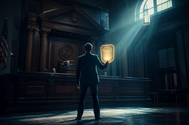 Man standing in courtroom holding up an "Affirmative Defense" shield with teal light rays.