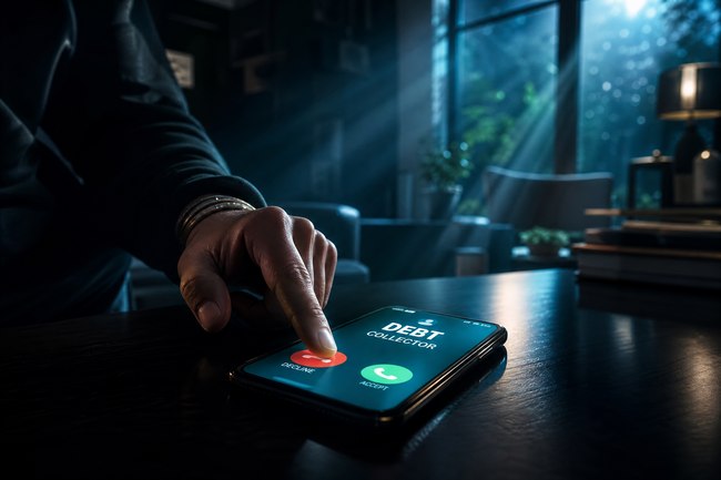 Hand pressing Decline on a phone showing "DEBT COLLECTOR.
