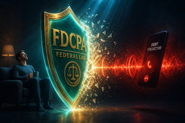 FDCPA shield blocking aggressive debt collector sound waves.