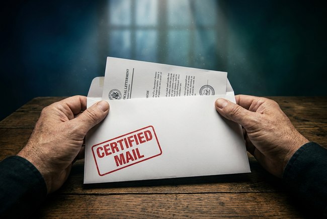 Hands sealing a certified mail letter.
