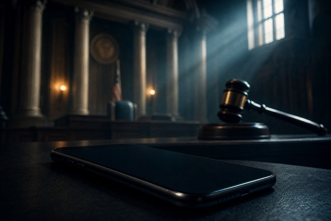 Silent phone in foreground, courthouse/gavel looming in background.