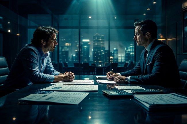Two men across a table in a tense debt settlement negotiation, city skyline behind, paperwork and calculator between them.