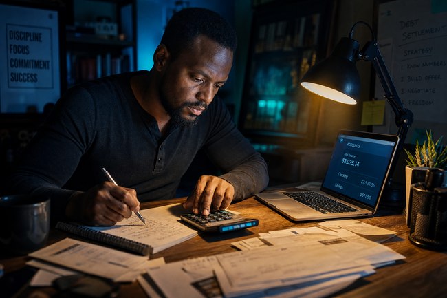 Person at desk doing the math with calculator, bills, and laptop.