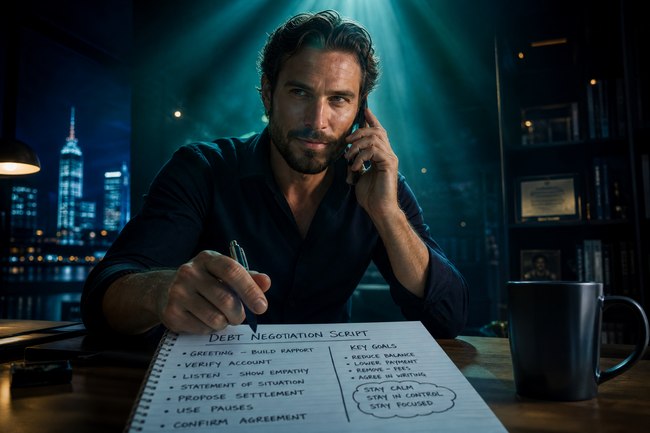 Person on the phone with script notes visible, leaning forward with confidence.