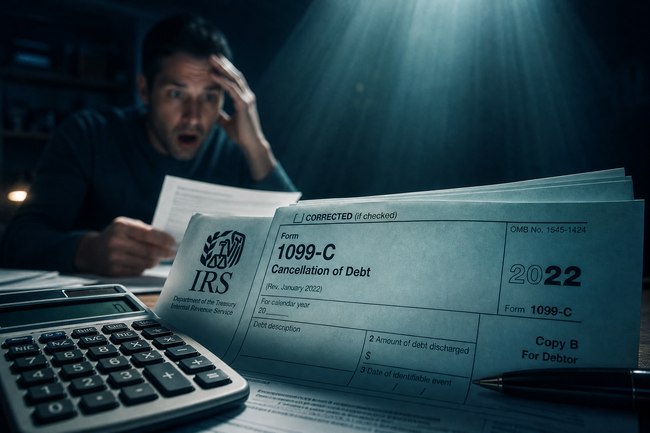 IRS 1099-C form clearly visible with shocked man in background.