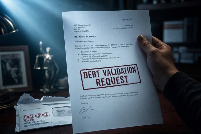 Hand holding a "DEBT VALIDATION REQUEST" letter with a torn "FINAL NOTICE" collection envelope in the background. 