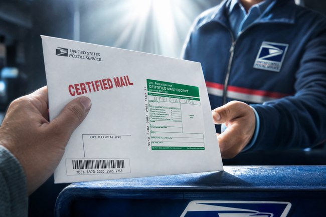 Person handing certified mail envelope to a USPS postal worker. 