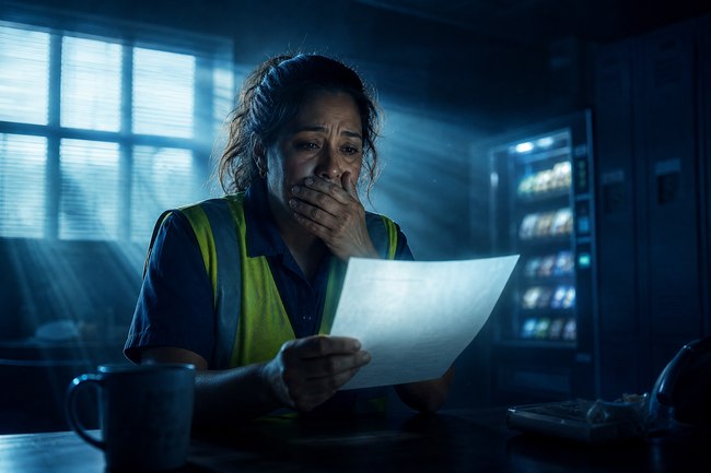 Warehouse worker in shock reading a pay stub with a wage garnishment deduction in the break room
