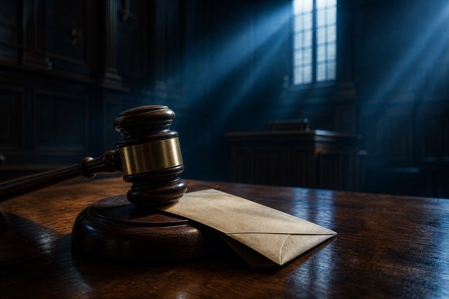 Judge's gavel resting on a paycheck envelope symbolizing the court judgment behind wage garnishment