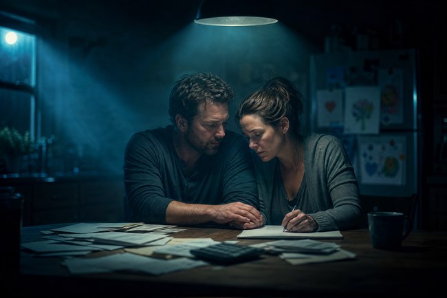 Couple at a kitchen table with bills and a calculator preparing a garnishment hardship budget