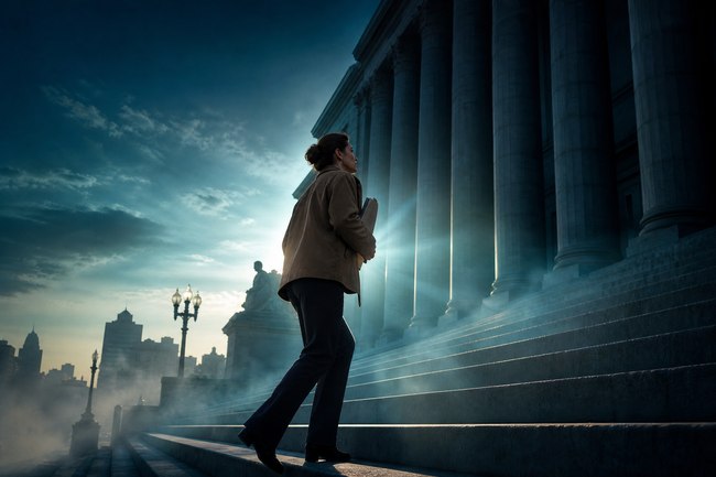 Determined woman climbing courthouse steps with documents to stop wage garnishment of her paycheck