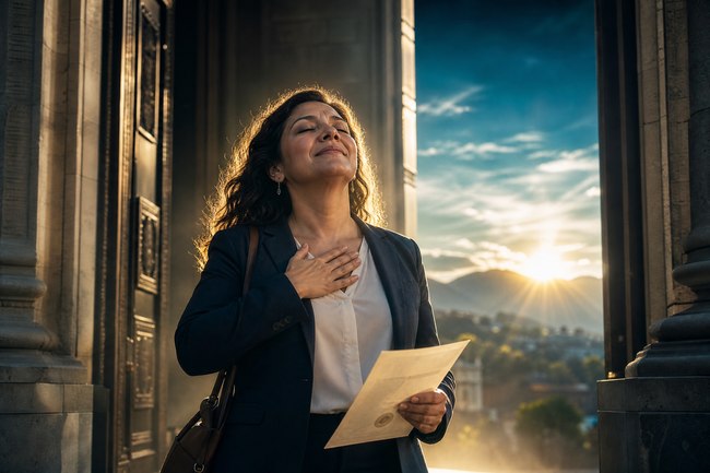 Relieved woman leaving the courthouse at sunrise after her wage garnishment was released