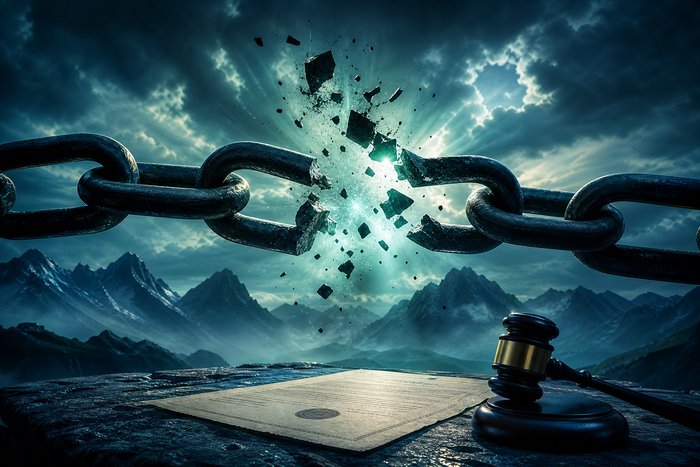 Sued for credit card debt — broken chain over a court summons and
gavel with navy-to-teal mountain sky symbolizing a successful lawsuit defense