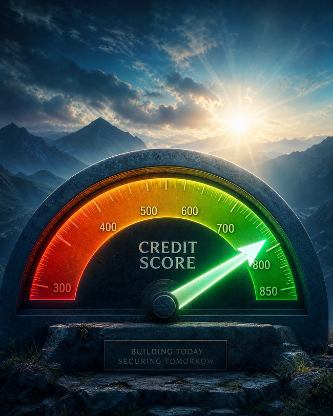 Credit score meter showing improvement over time