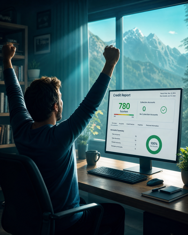 Person celebrating a clean credit report with no collections