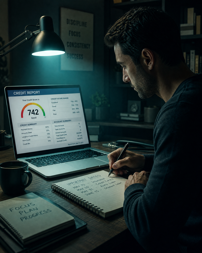 Person checking their credit report dates on a laptop