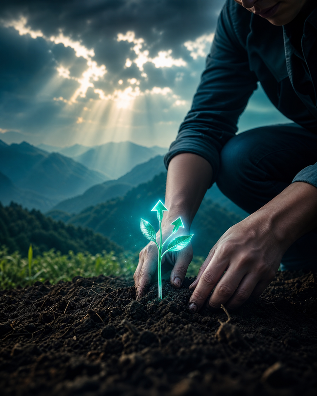 Plant seedling growing as a metaphor for rebuilding credit