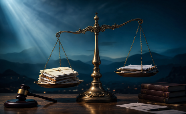 Balance scale weighing debt settlement against bankruptcy to compare credit damage