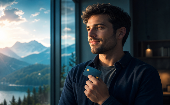 Person confidently holding a secured credit card while rebuilding credit after settlement