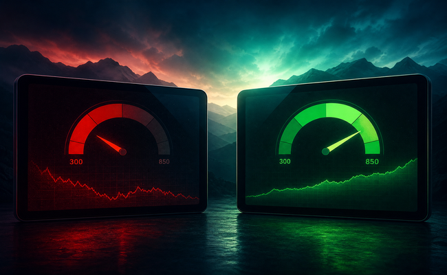 Before and after comparison showing credit score dropping then recovering after debt settlement