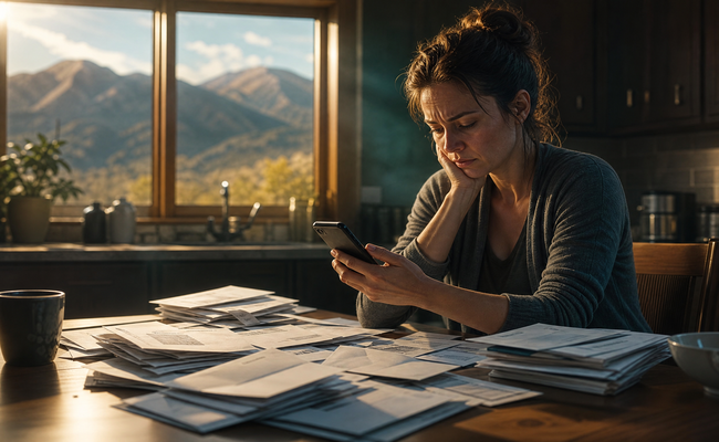 Julianne looking stressed while reviewing bills to consider credit card hardship programs