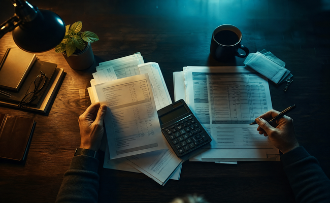 Overhead view of financial documents for evaluating credit card hardship programs eligibility