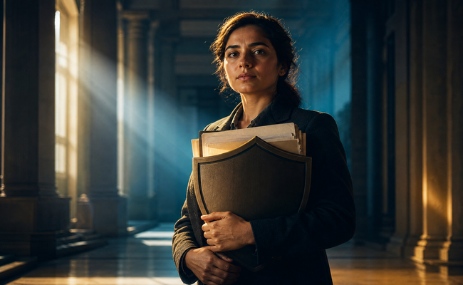 Person holding a shield of documents symbolizing legal protections alongside credit card hardship programs