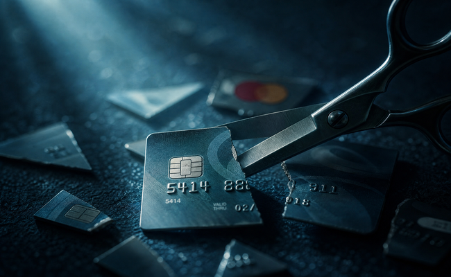 A pair of scissors cutting a credit card in half to signify closing accounts during a debt management plan enrollment.
