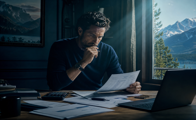 A person carefully reviewing financial documents and evaluating whether a debt management plan is the right choice.