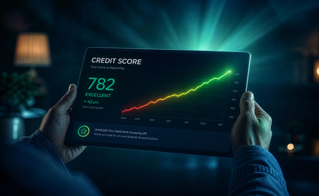 A rising credit score graph on a tablet screen representing recovery after consistent debt management plan payments.
