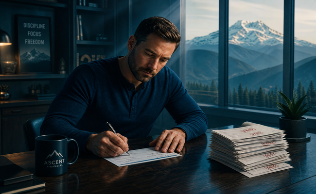 A person confidently writing a payment check with a stack of paid bills nearby representing debt management plan progress.
