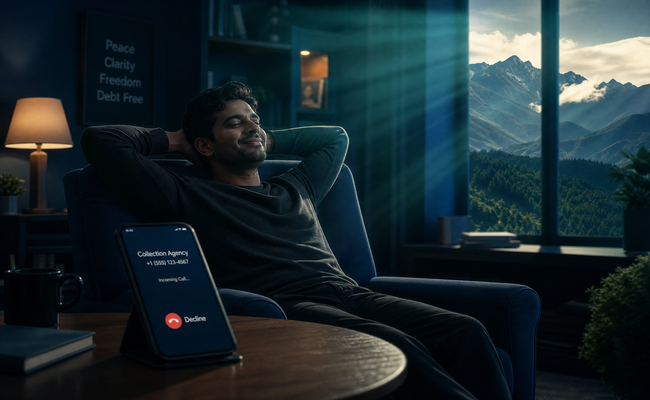 A person relaxing while declining a collection agency phone call after enrolling in a debt management plan.
